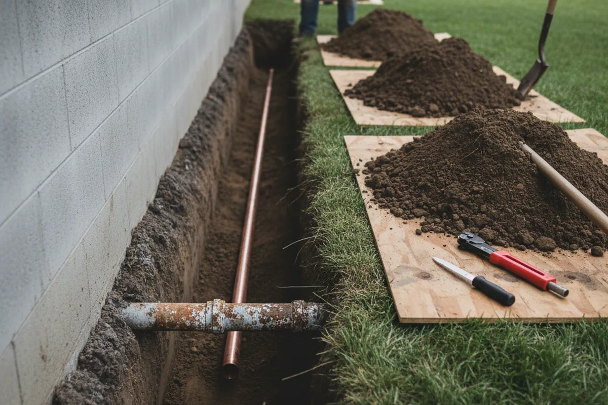 Excavated water line trench during Water Heater Repair in Stonewall